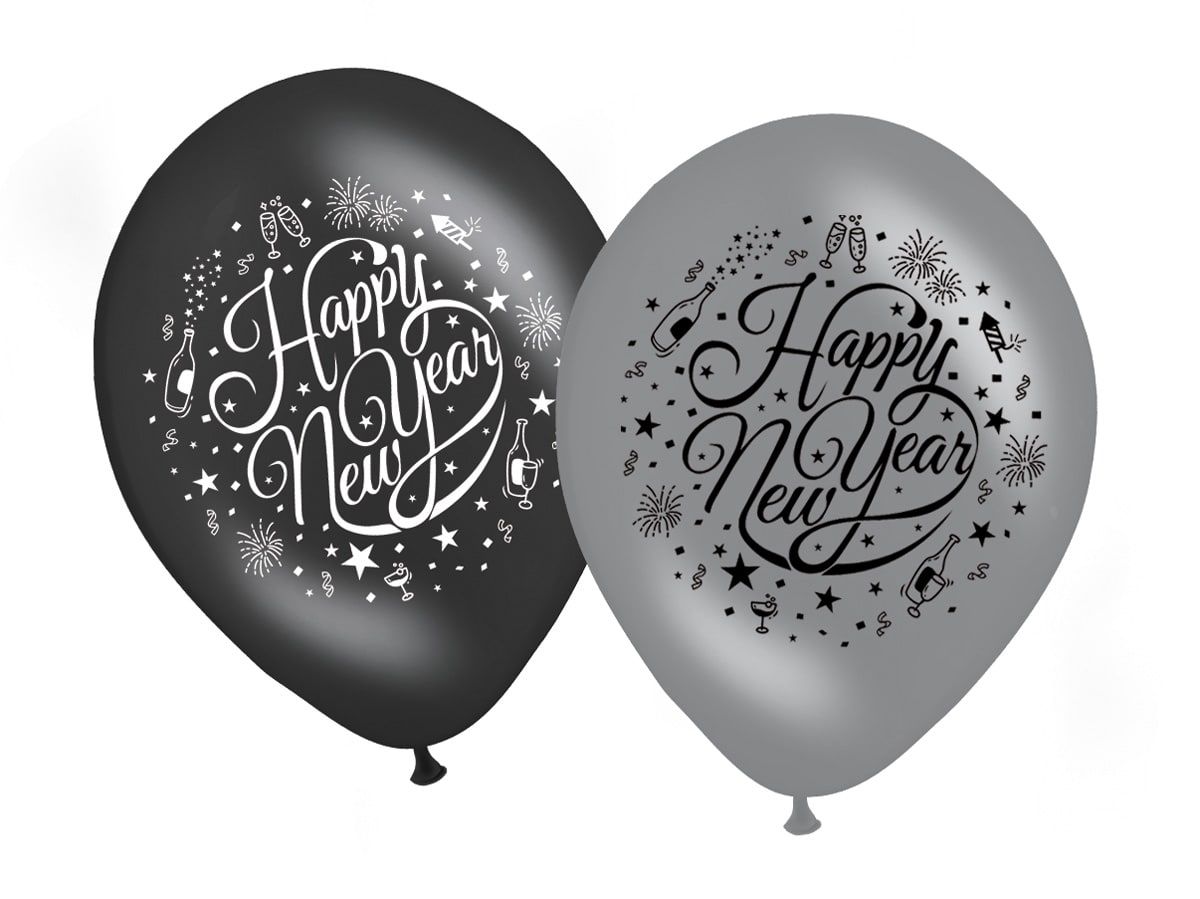 8 happy new year ballonnen zwart-zilver 30cm