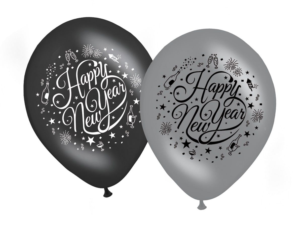 8 Happy New Year Ballonnen Zwart-Zilver 30cm