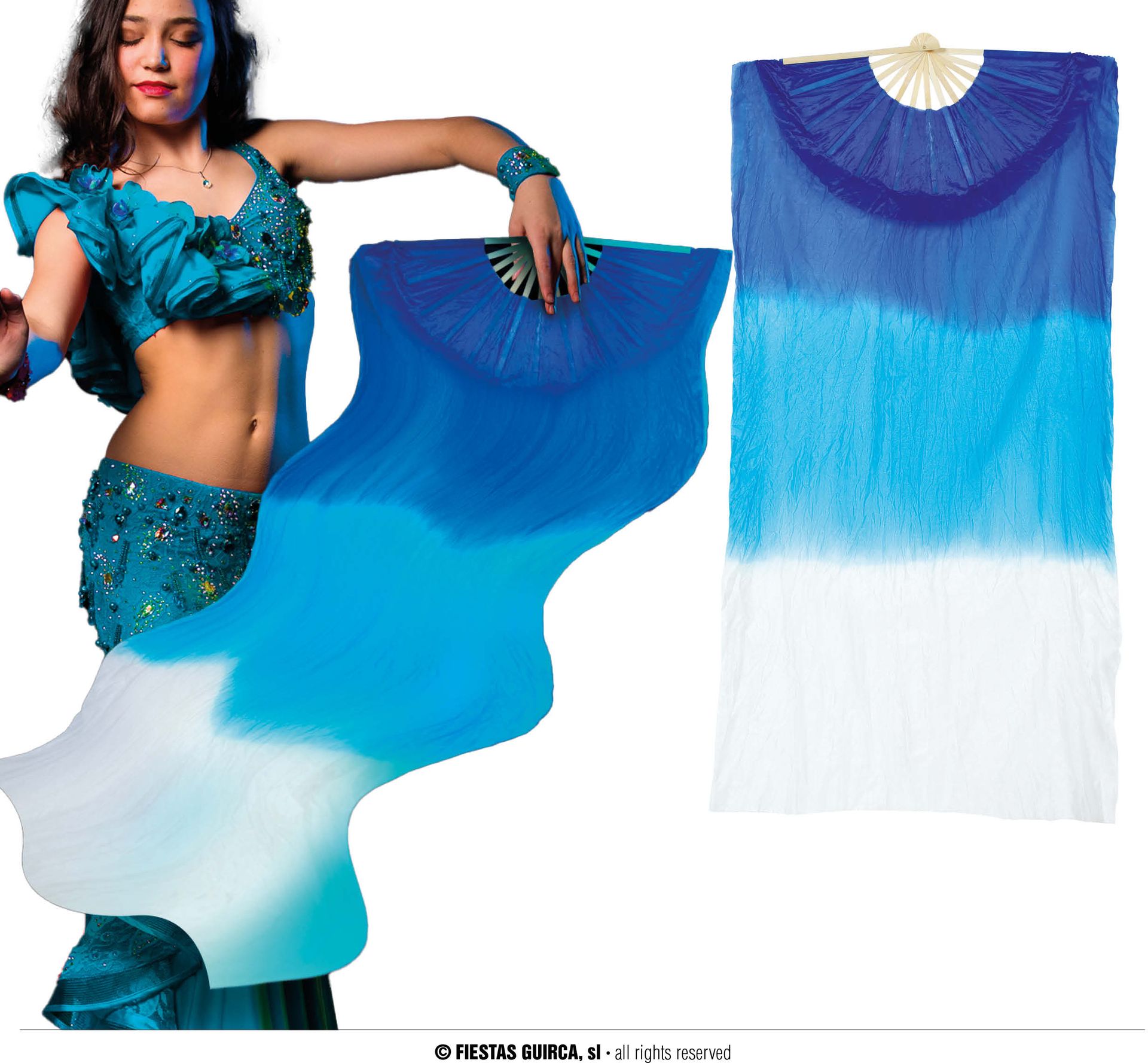 Aziatische Handwaaier Buikdanseres Blauw Wit 60X140cm