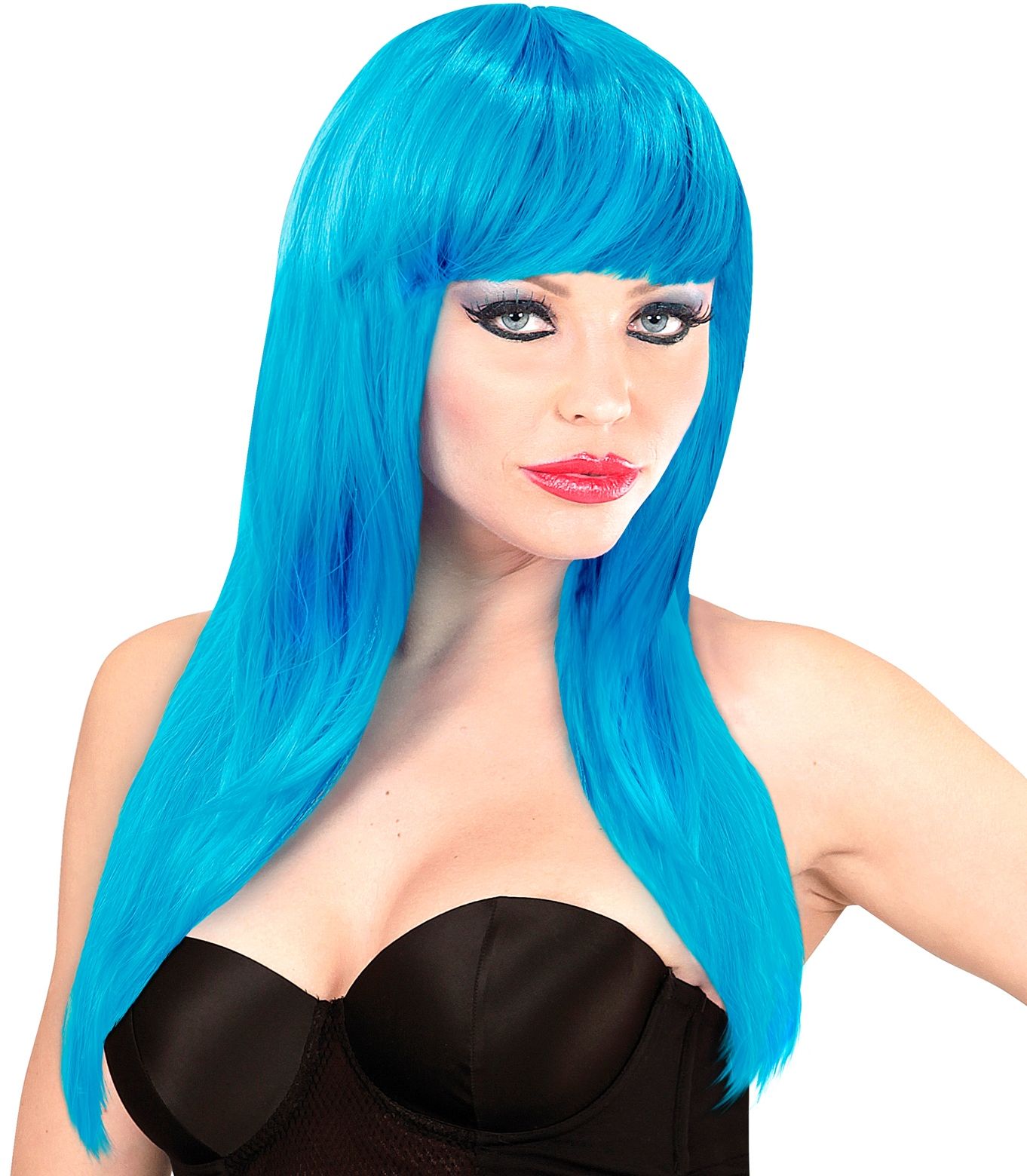 Azuurblauwe pruik lang haar