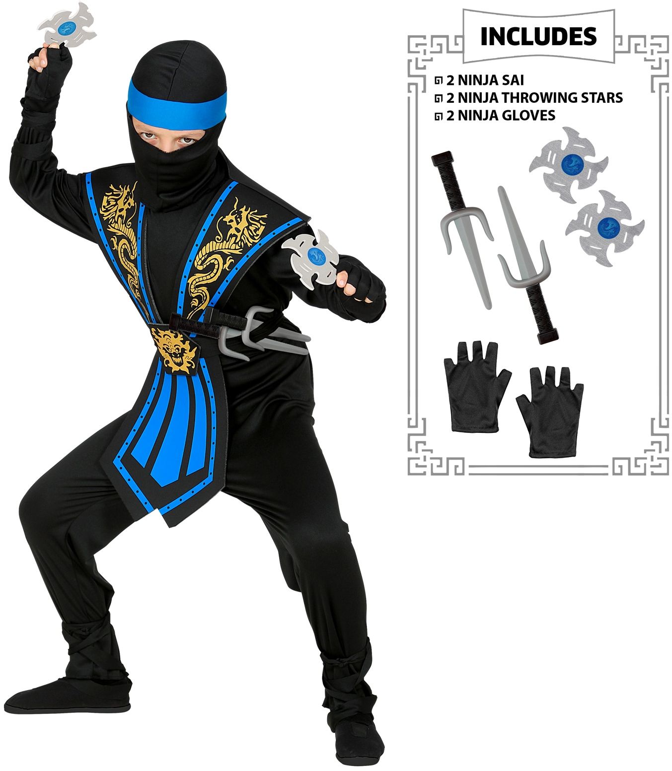 Blauw Ninja Kind Kostuum met Wapen Set