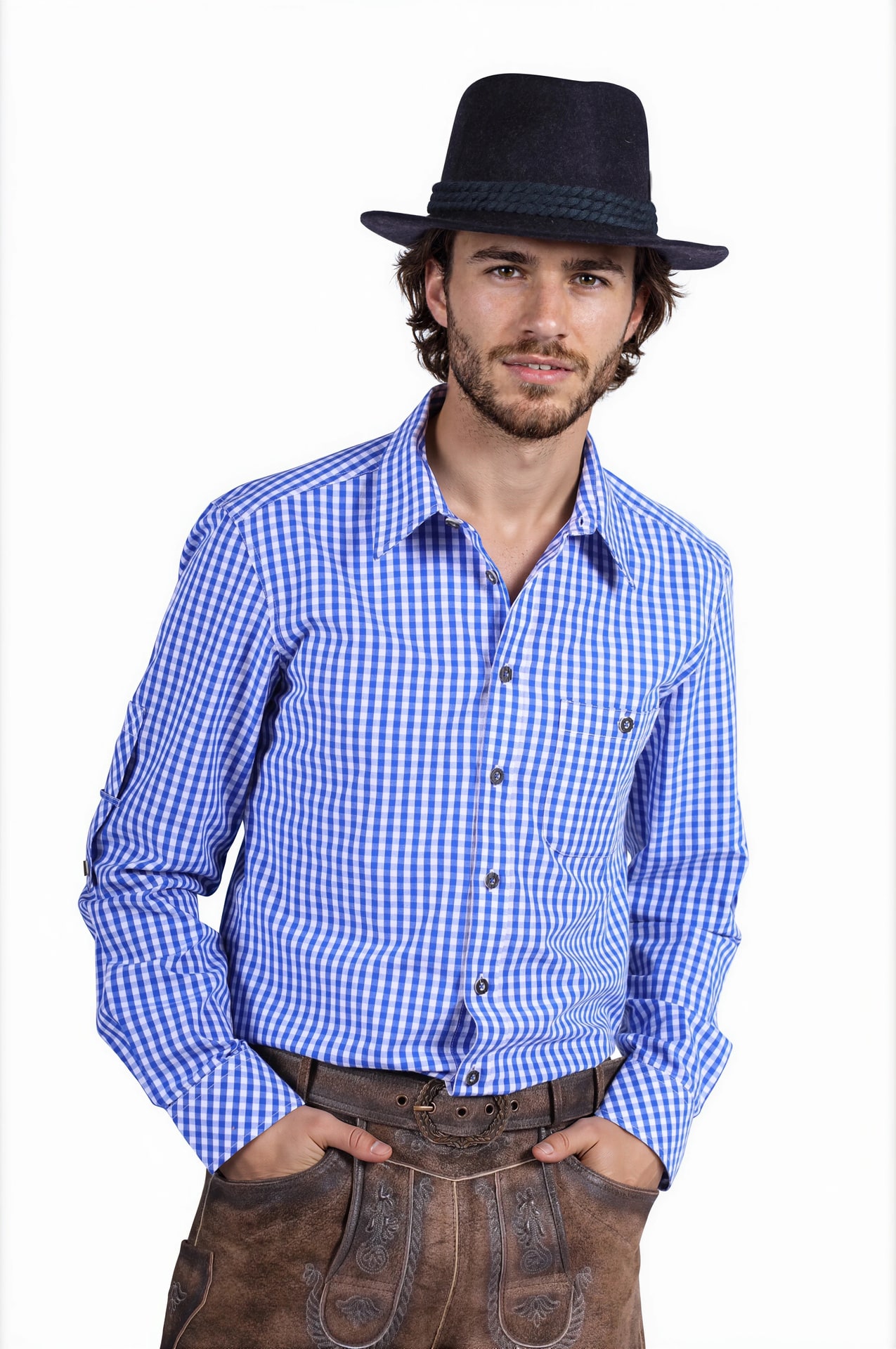 Blauw Wit Geruit Tiroler Overhemd Heren Oktoberfest