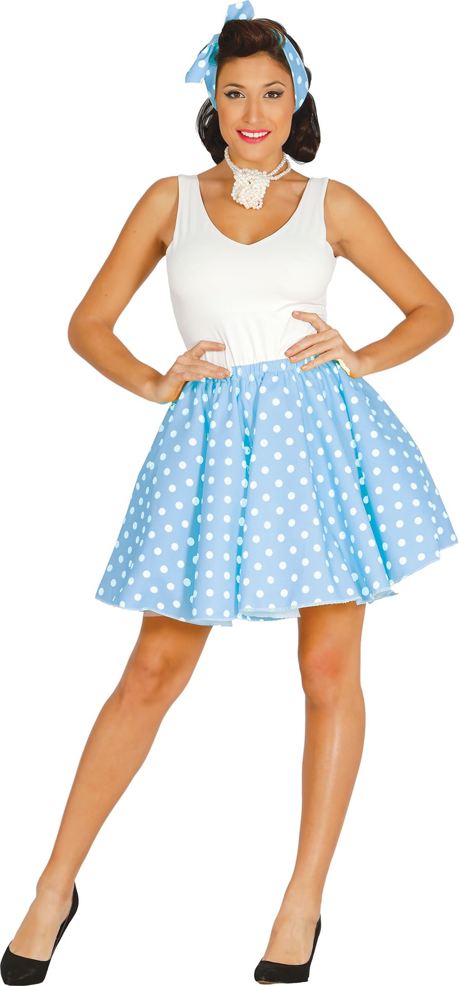 Blauw Witte Retro 50's Polkadot Rok met Hoofdsjaal Dames