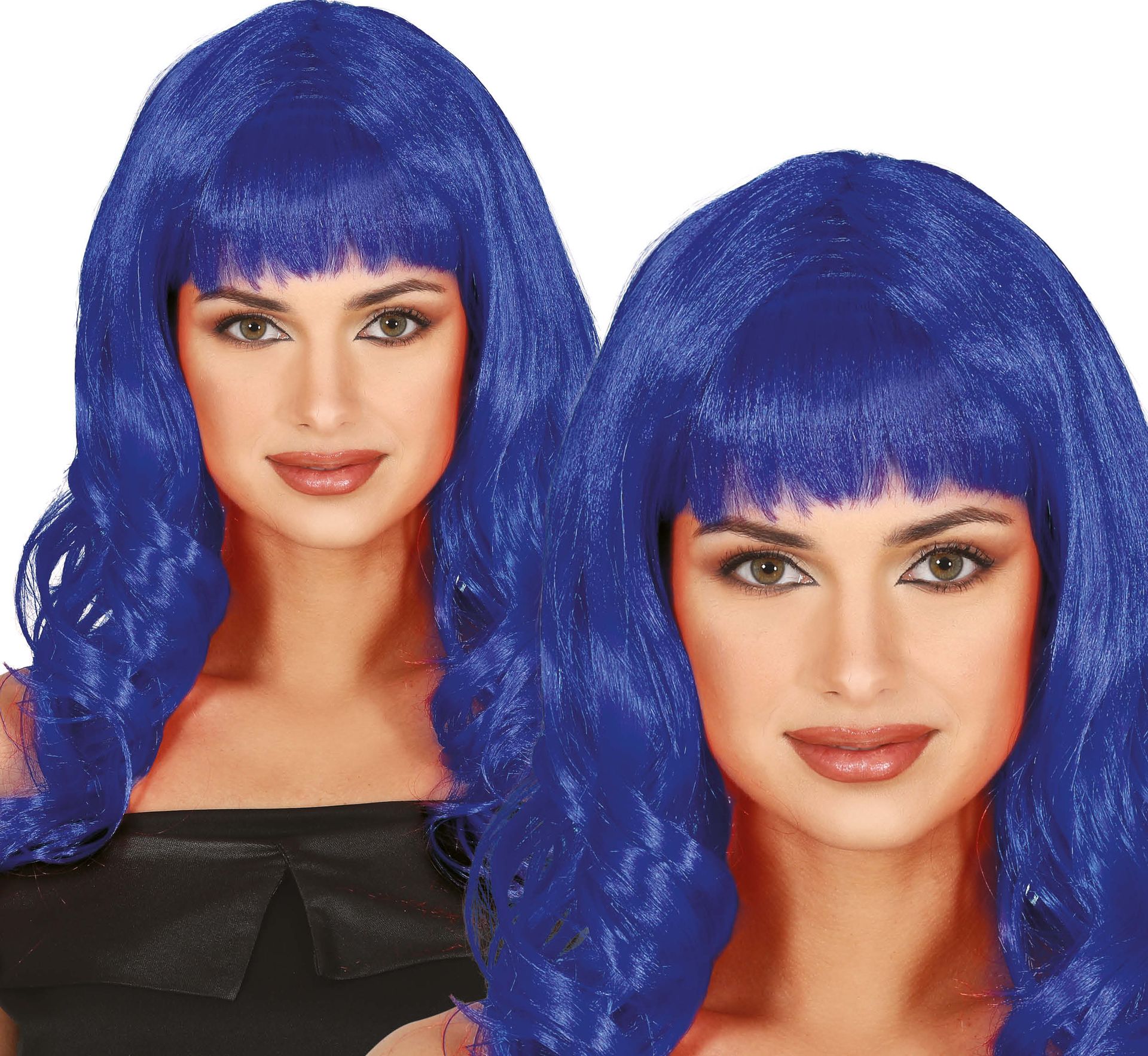 Blauwe Dames Pruik Lang Krullend met Pony