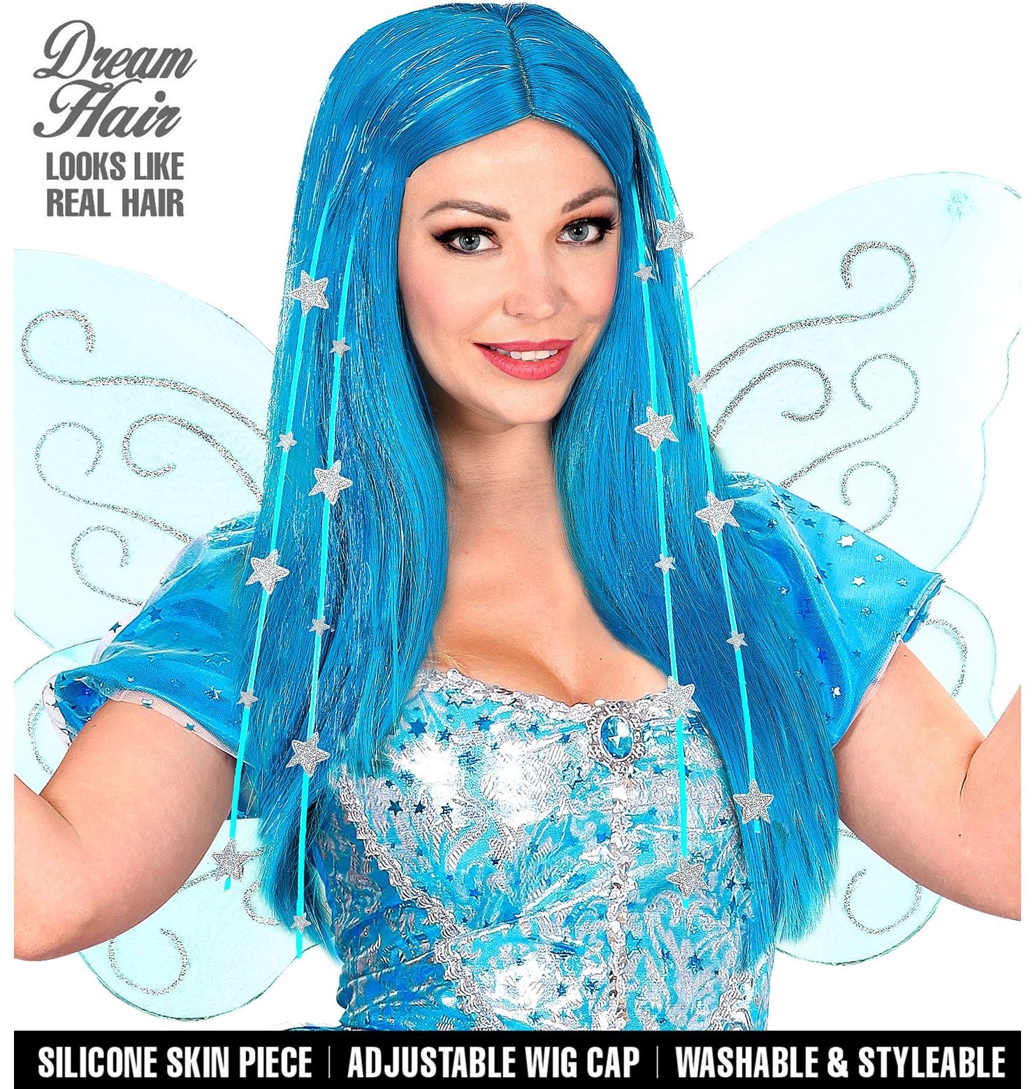 Blauwe Fee Pruik met Sterren