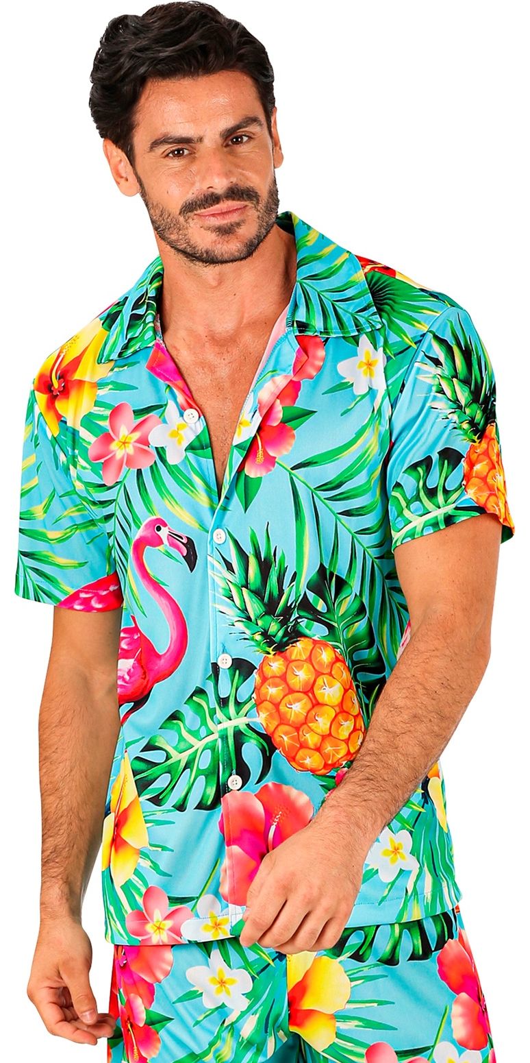 Blauwe flamingo hawaii party shirt heren