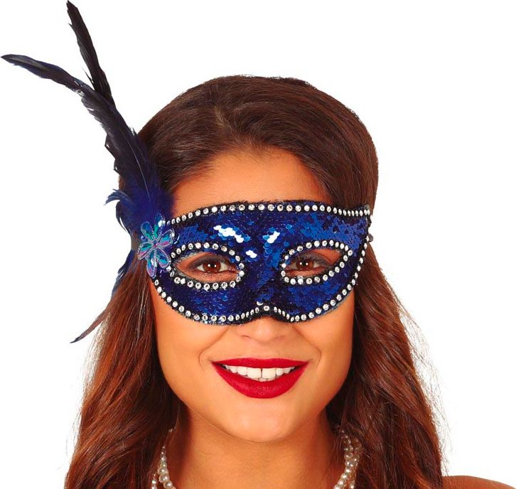 Blauwe Pailletten Oogmasker met Veren