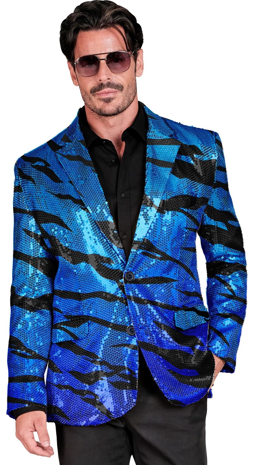 Blauwe Tijgerprint Pailletten Colbert Heren