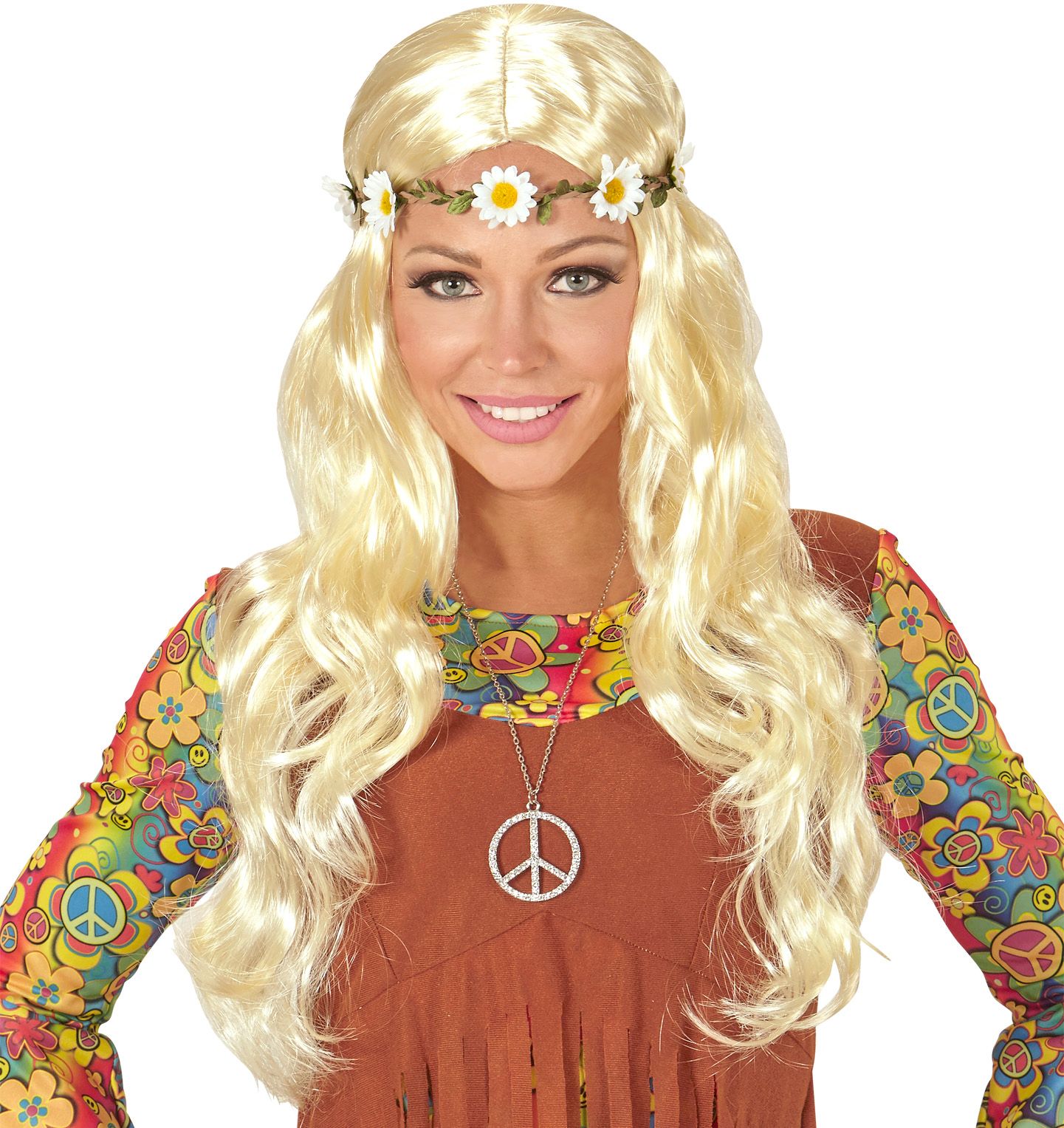 Blonde Hippie Pruik met Madeliefjes Hoofdband