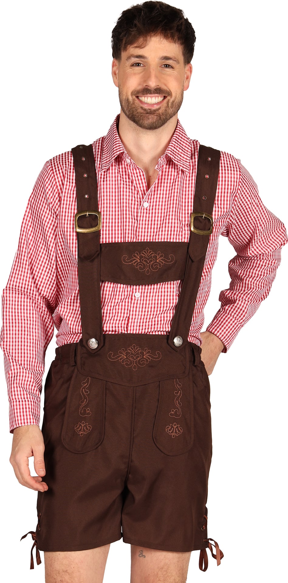 Bruin Lederhose Kostuum Heren met Rood Witte Blouse Oktoberfest