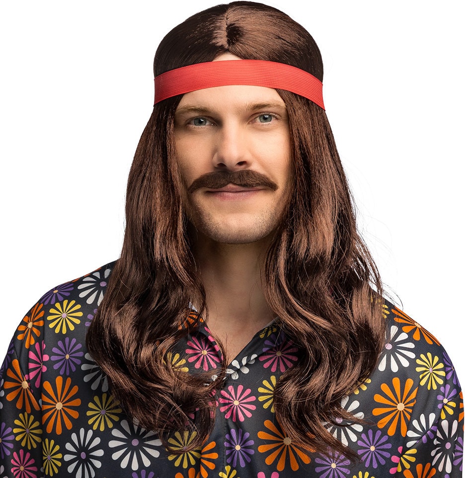 Bruine 70s Hippie Pruik met Snor en Haarband Heren