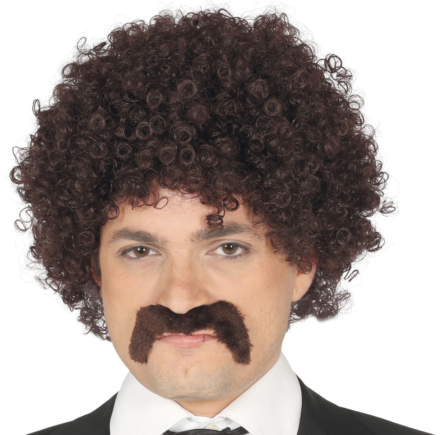 Bruine Afro Pruik met Snor