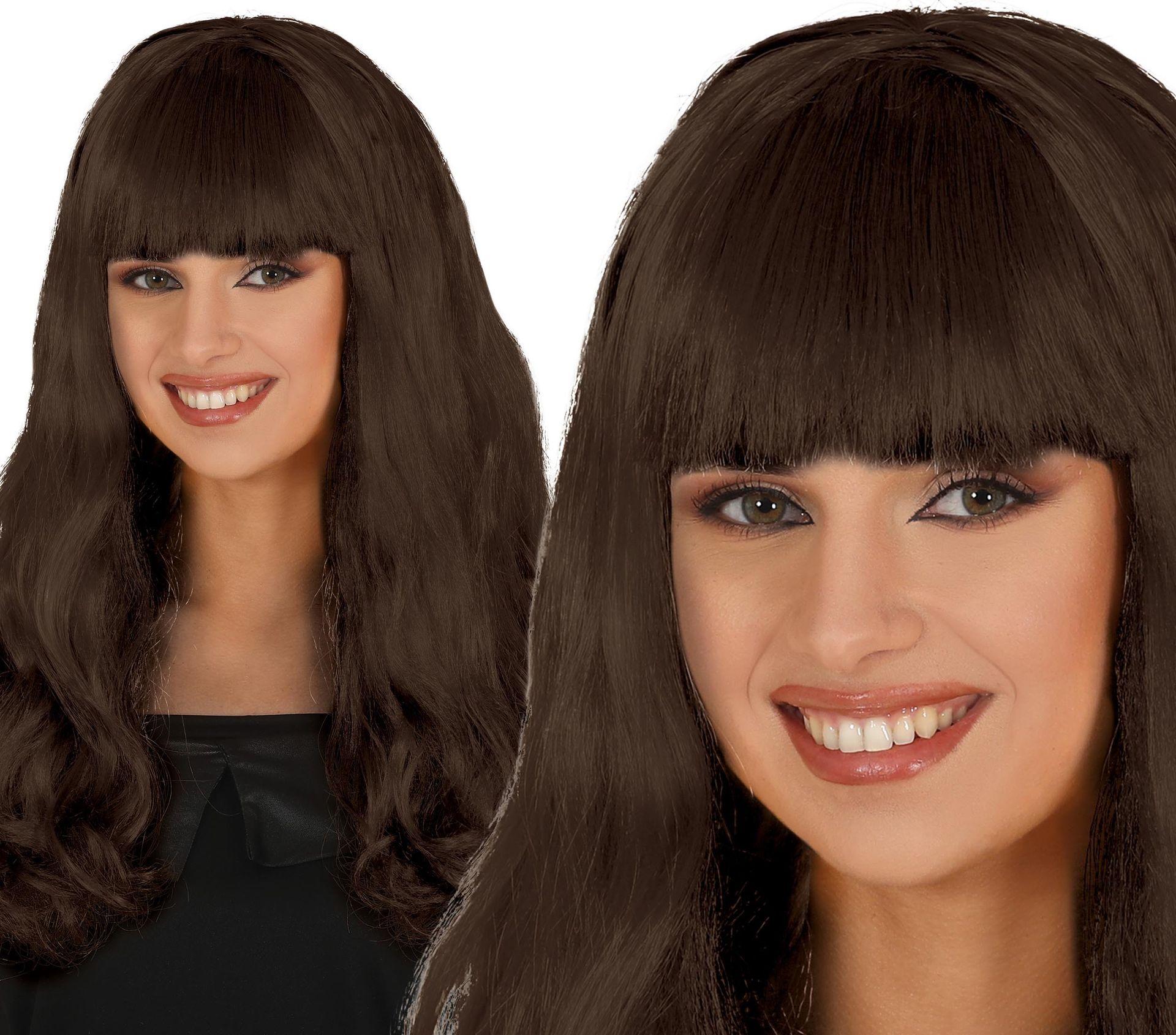 Bruine Dames Pruik Lang Krullend met Pony