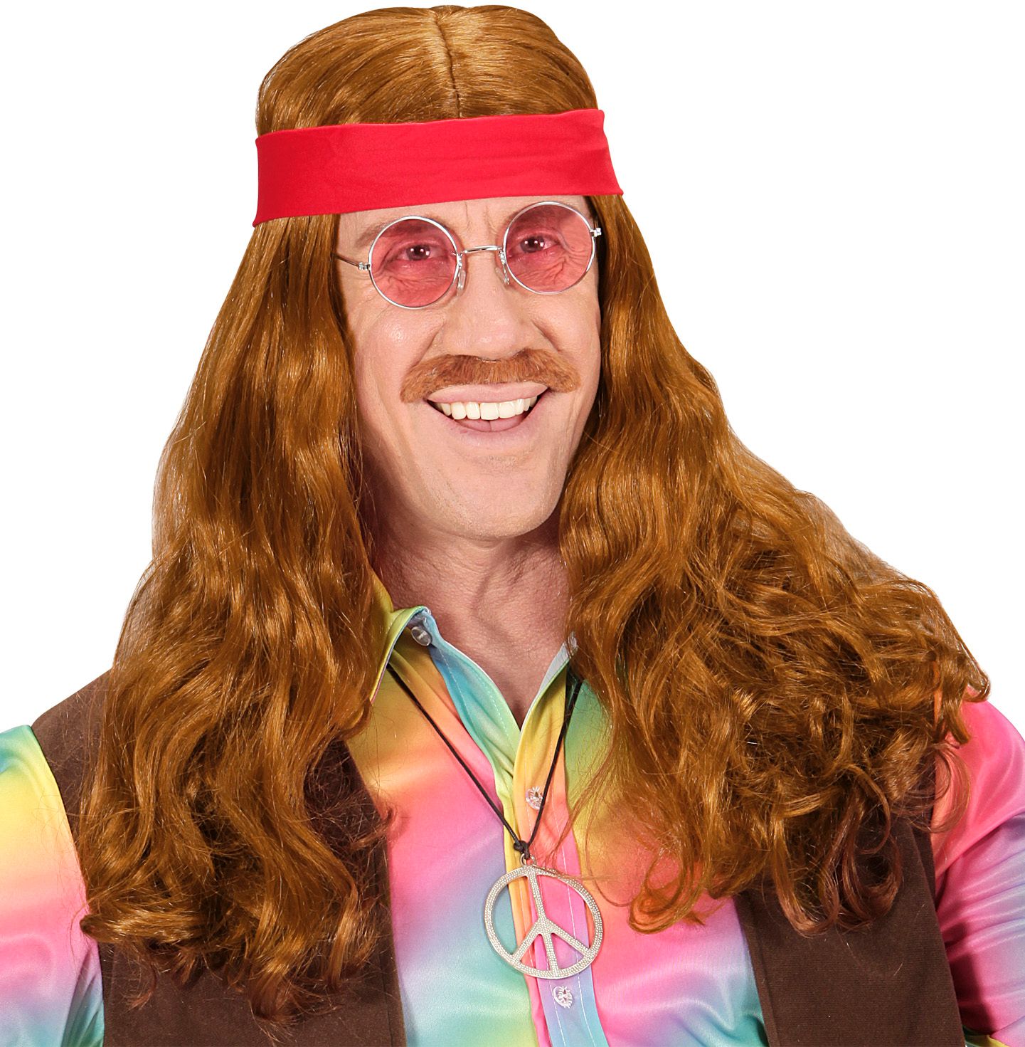 Bruine Hippie Pruik met Snor en Rode Hoofdband