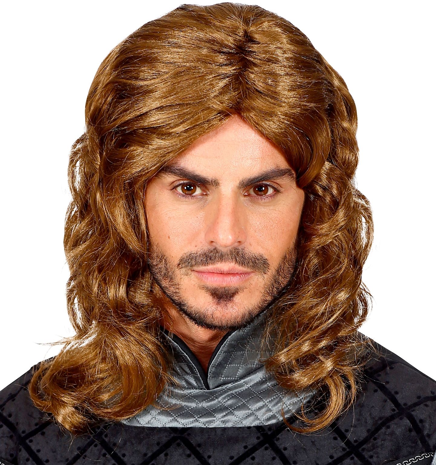 Bruine Lange Gekrulde Pruik Heren