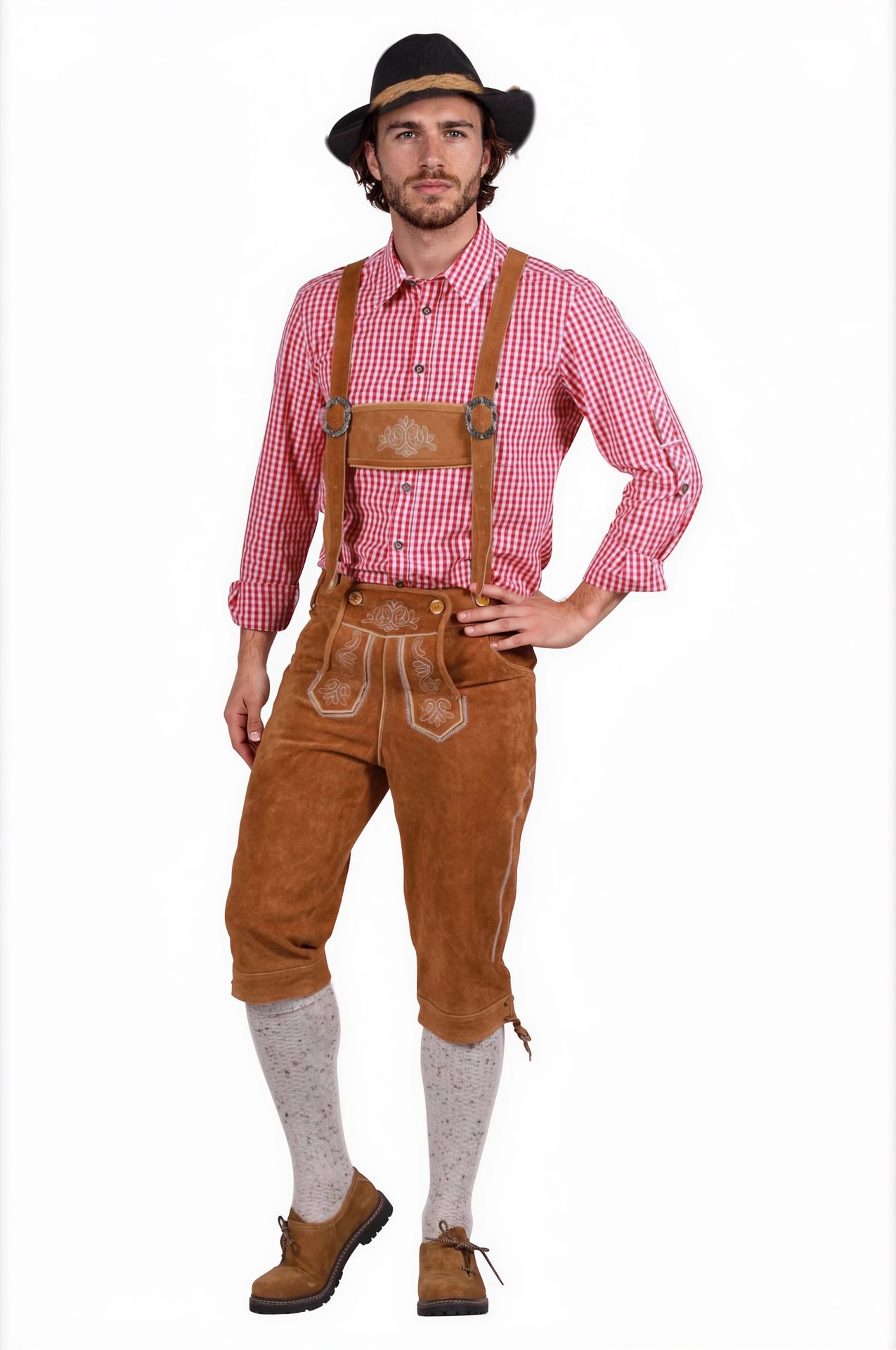 Bruine Leren Oktoberfest Lederhose met Bretels voor Heren