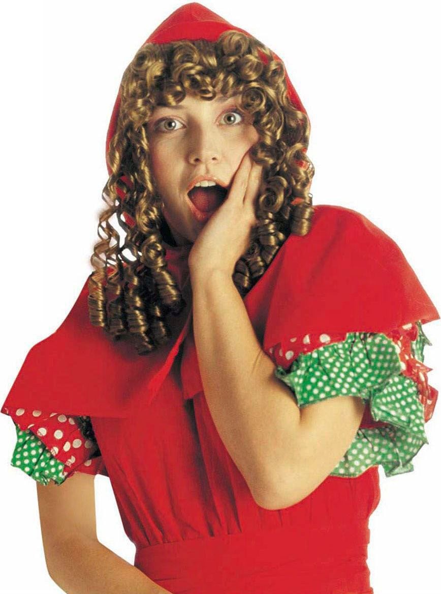 Bruine Roodkapje Pruik met Cape en Capuchon