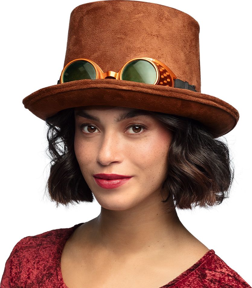 Bruine Steampunk Hoed met Partybril