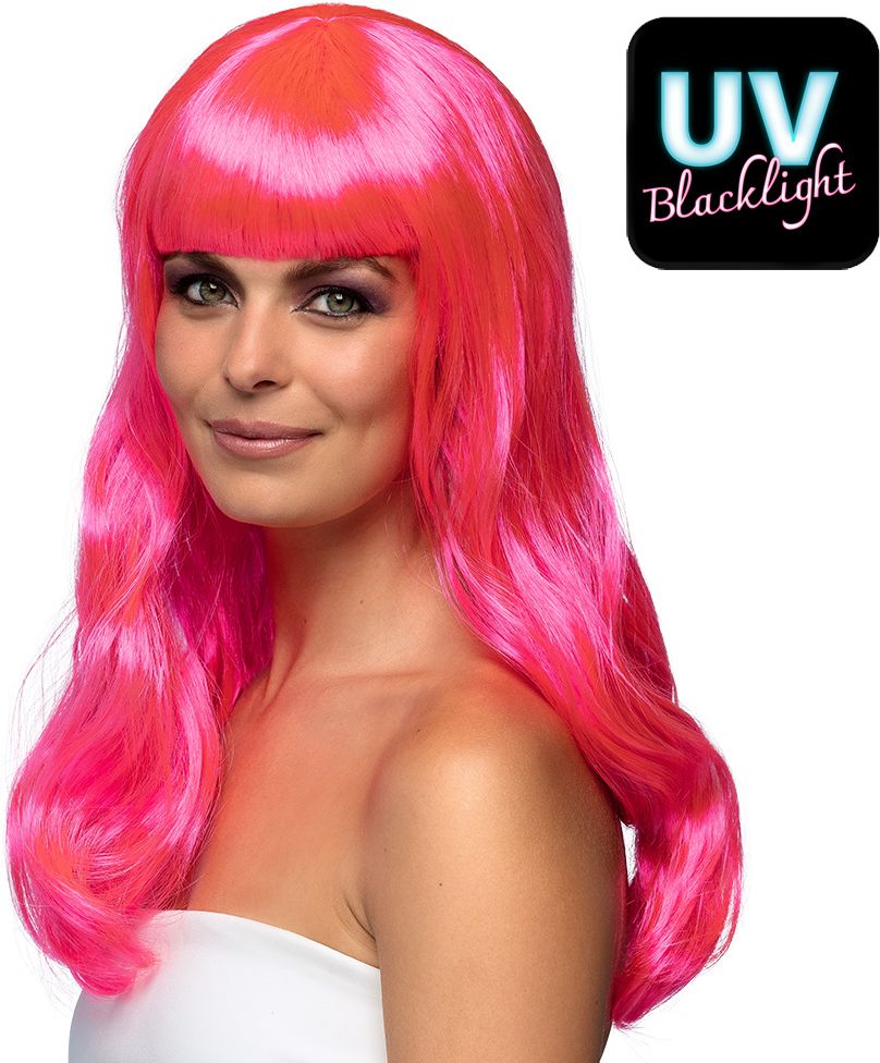 Chique Lange Pruik Neon Roze