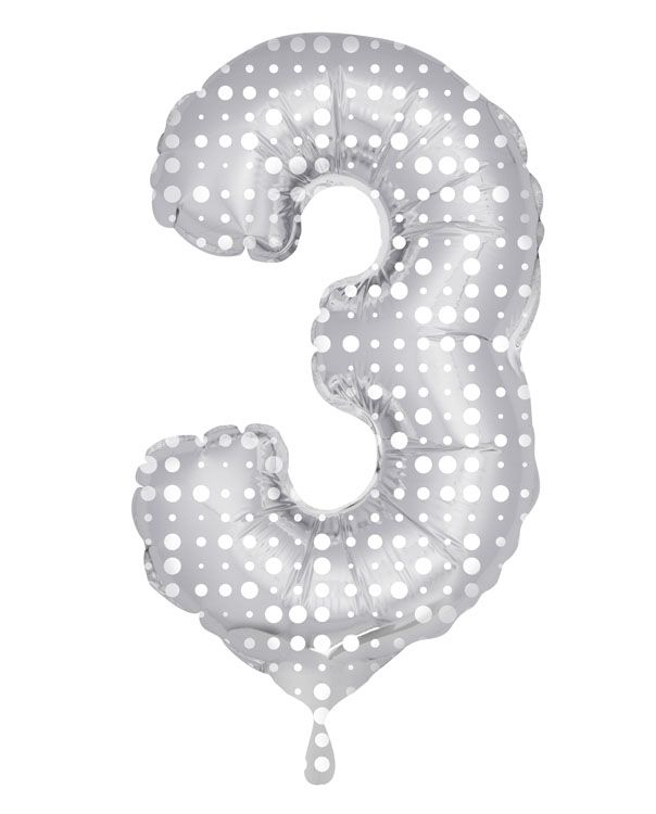 Cijfer 3 Folieballon Zilver met Witte Stippen