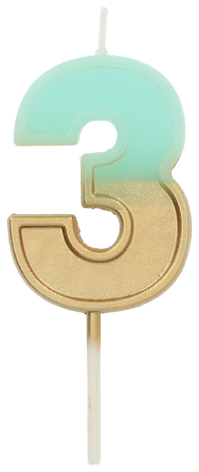Cijfer 3 Taartkaars Retro Goud/Lichtblauw 5 cm