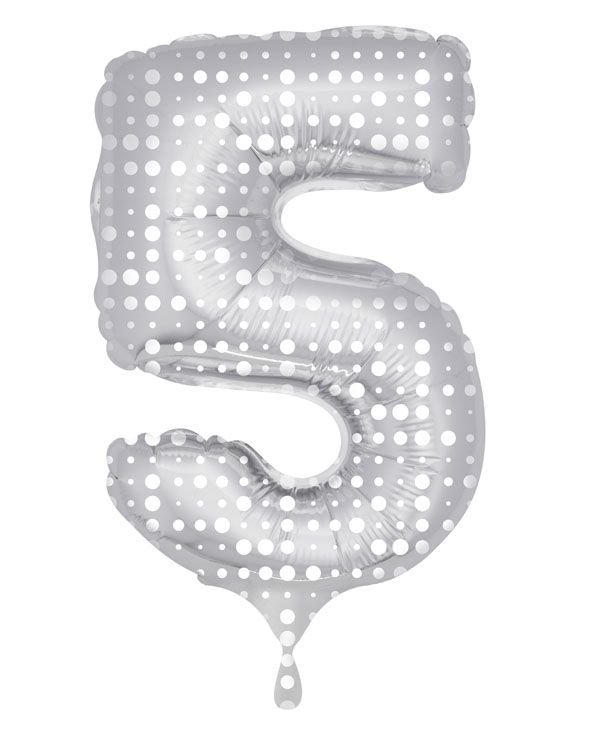 Cijfer 5 folieballon zilver met witte stippen