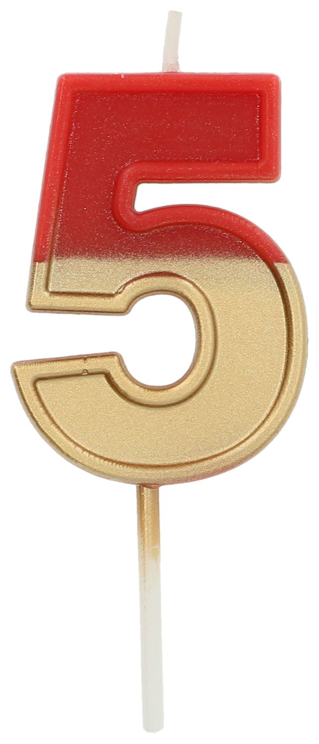 Cijfer 5 Taartkaars Retro Goud/Rood 5 cm
