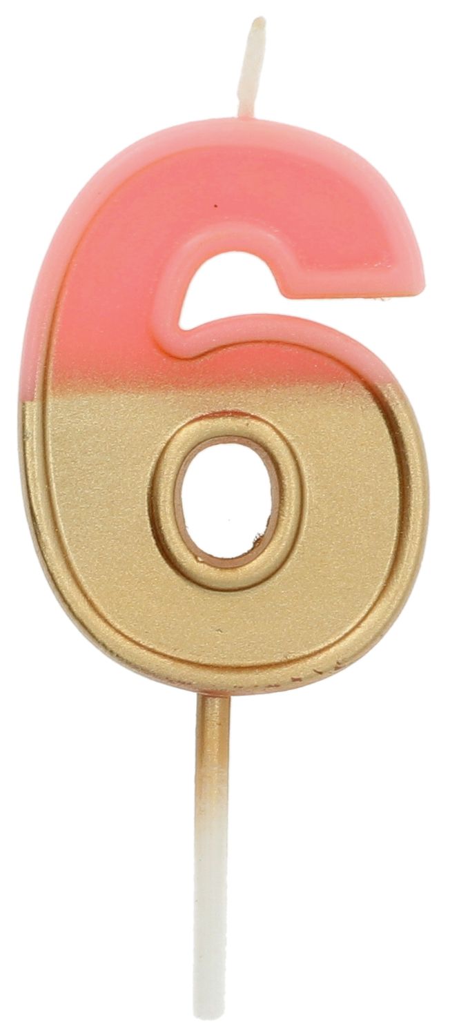 Cijfer 6 Taartkaars Retro Goud/Roze 5 cm