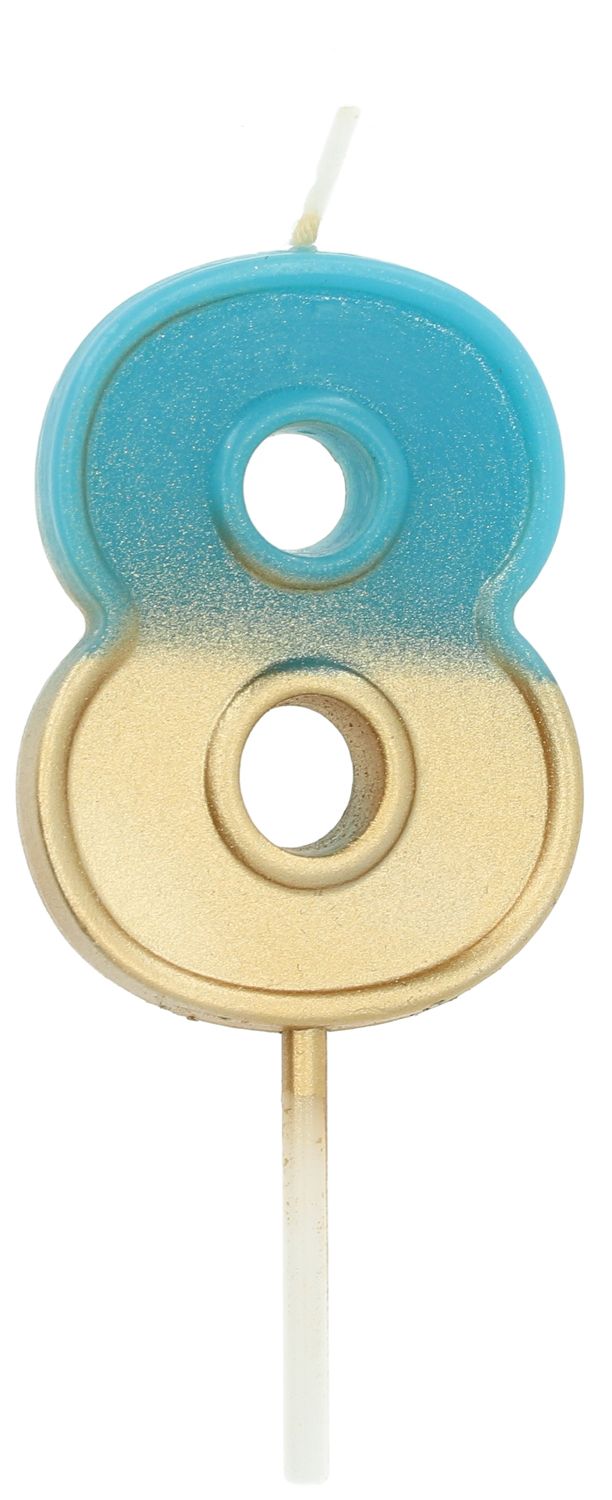 Cijfer 8 Taartkaars Retro Goud/Blauw 5 cm
