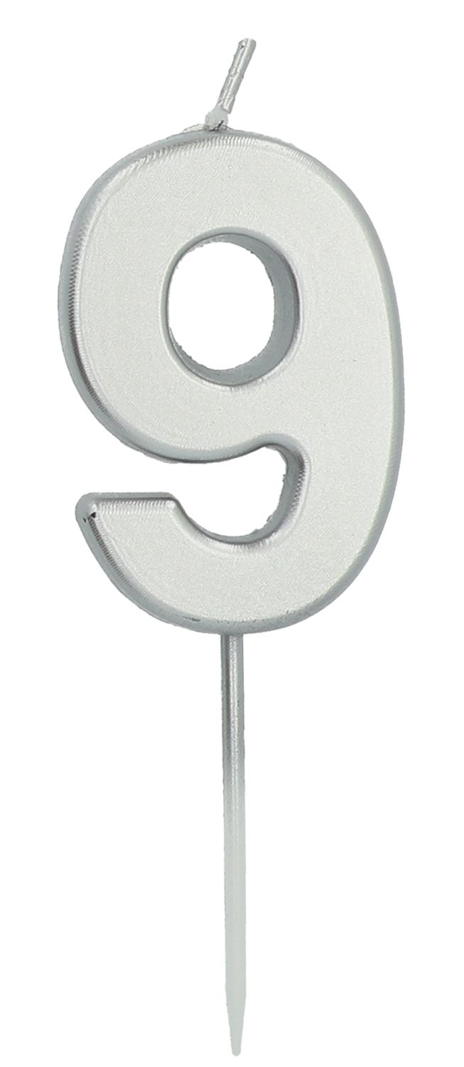 Cijfer 9 Taartkaars Zilverkleurig 5 cm