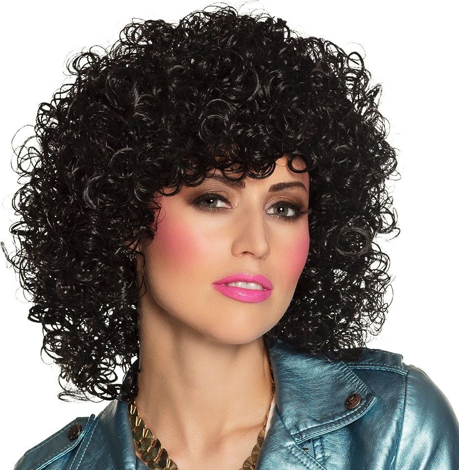 Club 80's Krullen Pruik Zwart