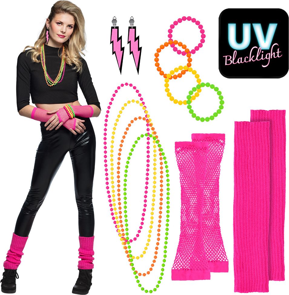 Complete 80's Retro Neon Roze Accessoire Set