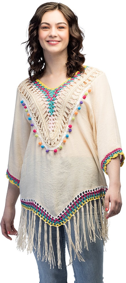 Creme Hippie Tuniek Dames met Pompon Franjes