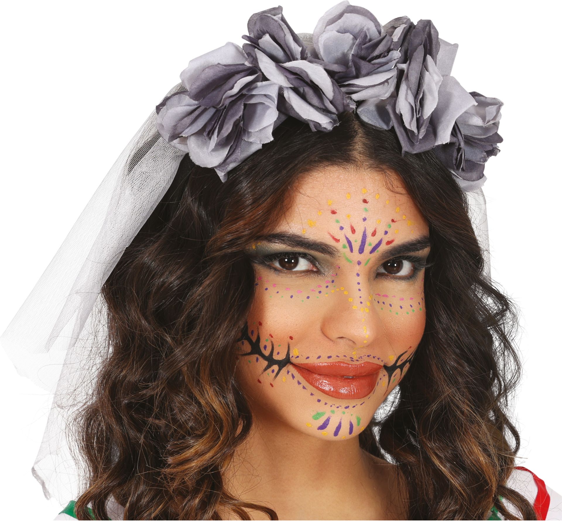 Dia De Los Muertos Hoofdband met Grijze Rozen en Sluier
