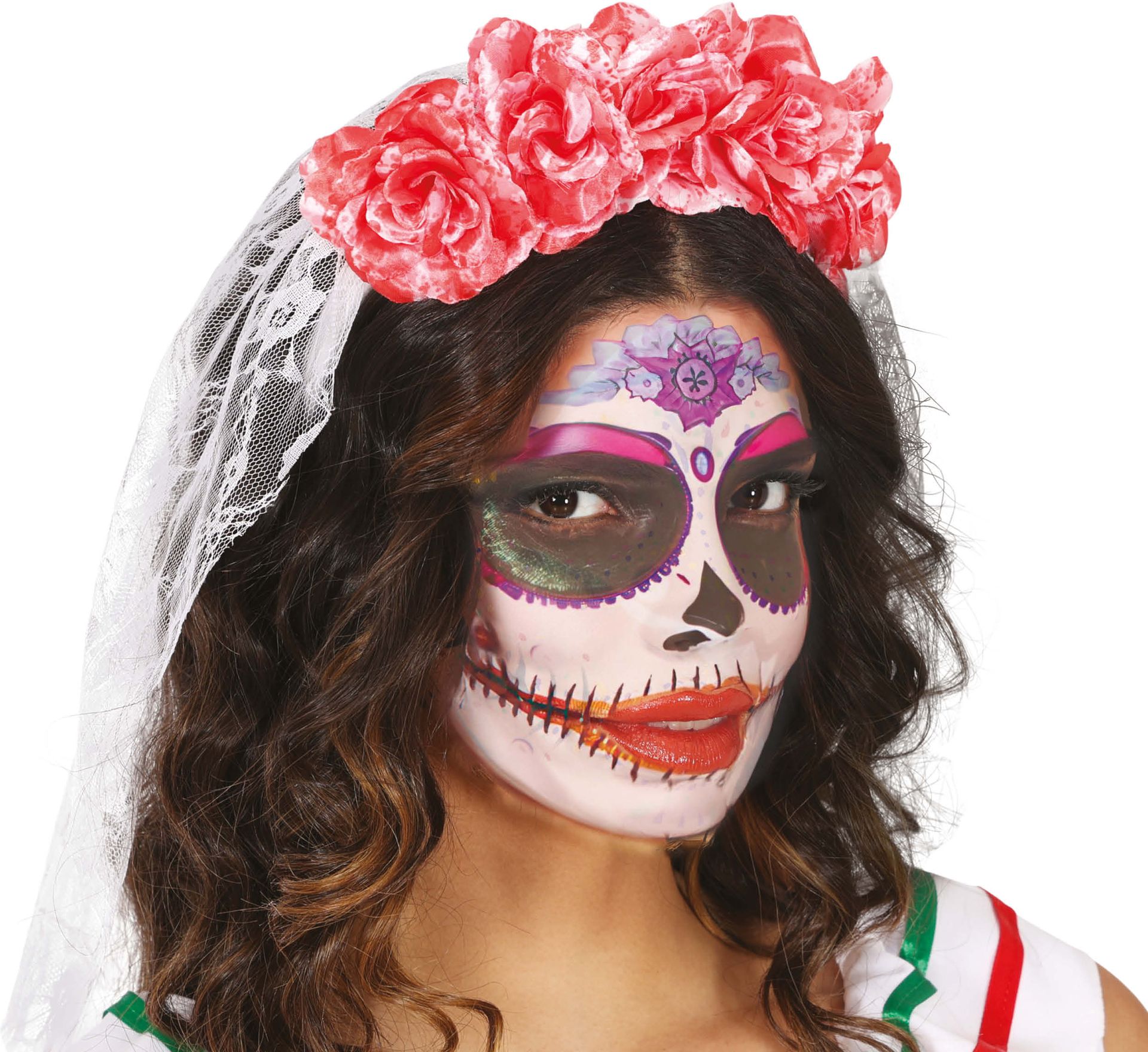 Dia De Los Muertos Hoofdband met Rozen en Sluier