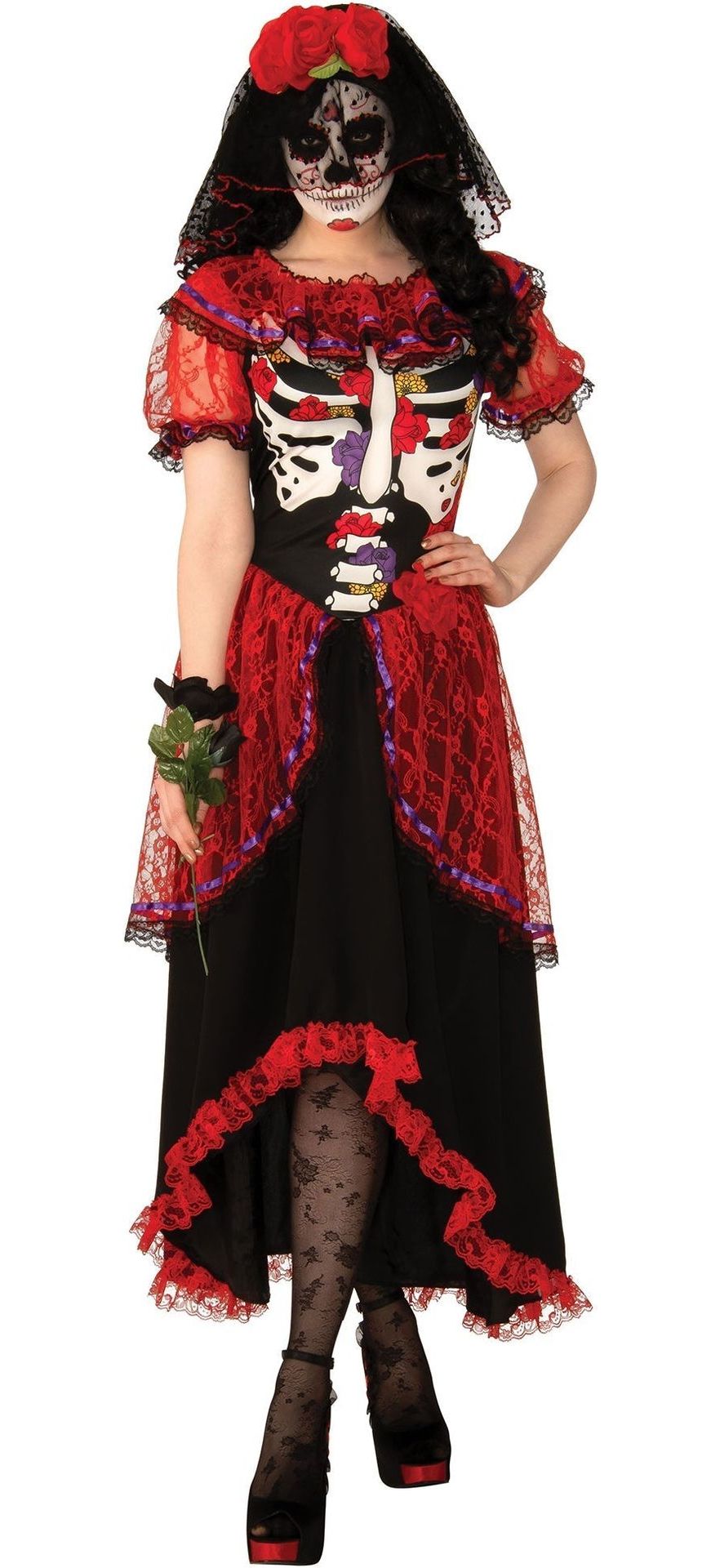 Día de Los Muertos Jurk Dames Rood Zwart