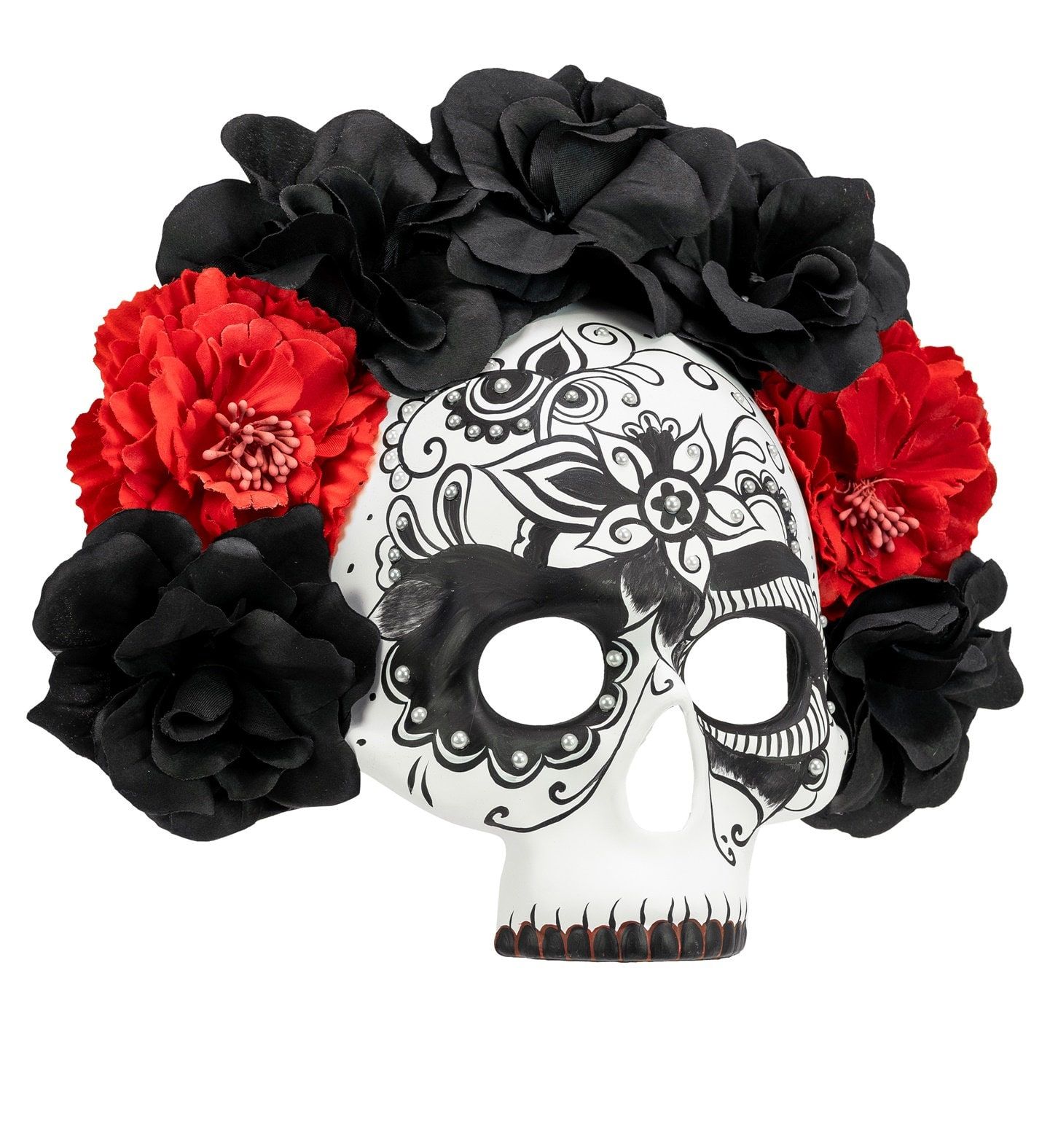 Dia De Los Muertos Schedel Masker met Bloemen Zwart Rood