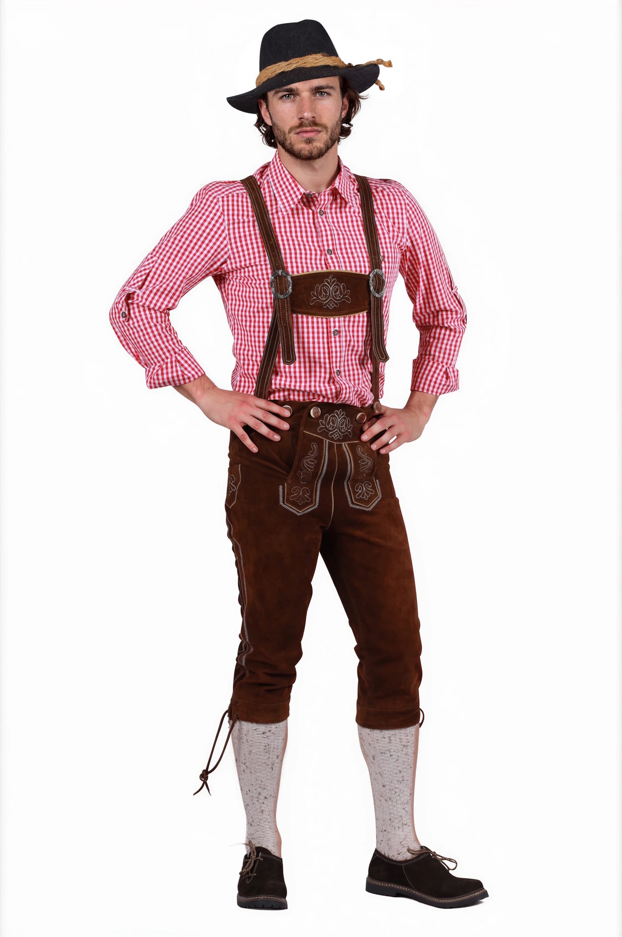 Donkerbruine Leren Oktoberfest Lederhose met Bretels voor Heren