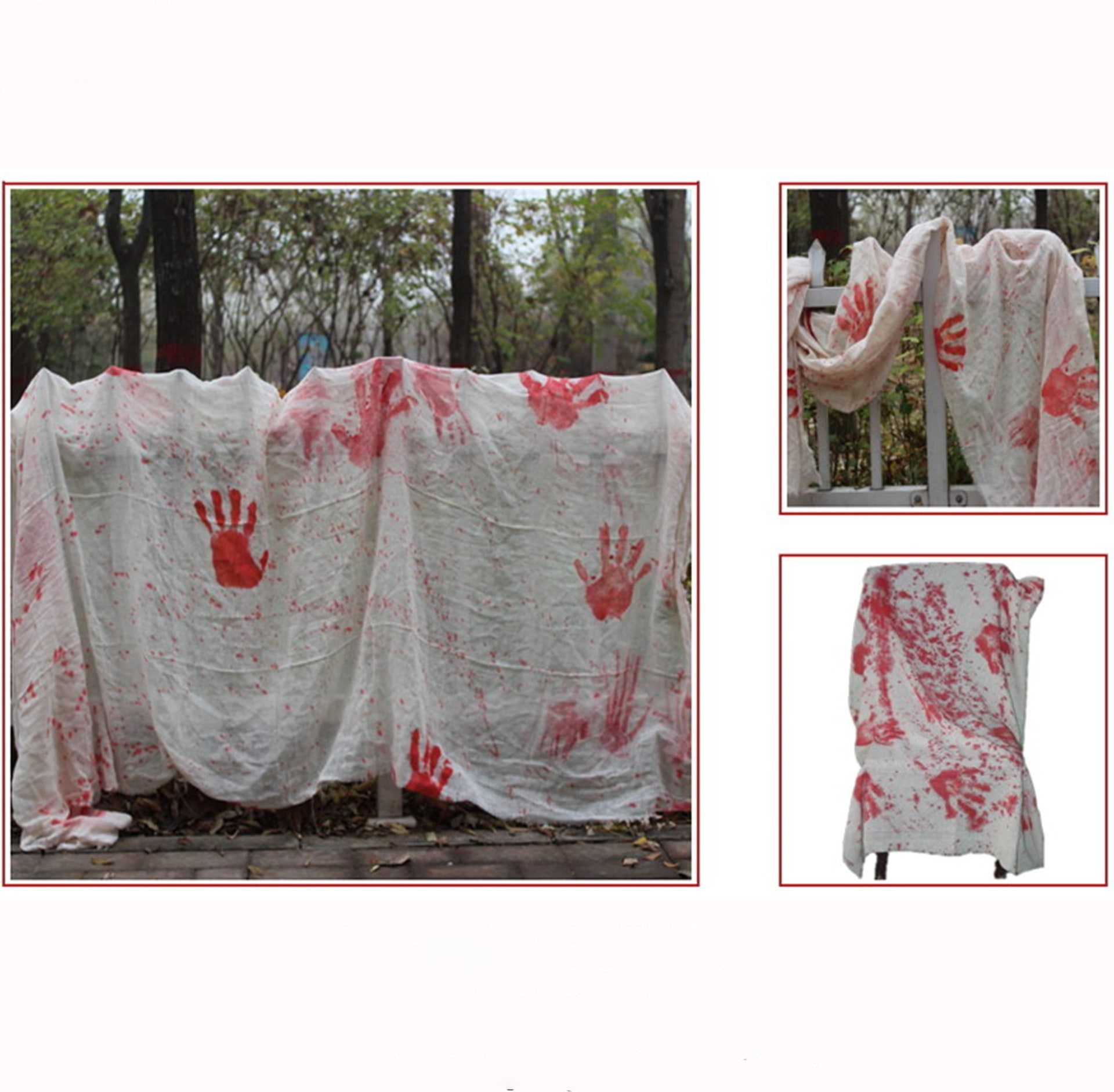 Ecru Bloederige Decoratiedoek met Handafdrukken Halloween