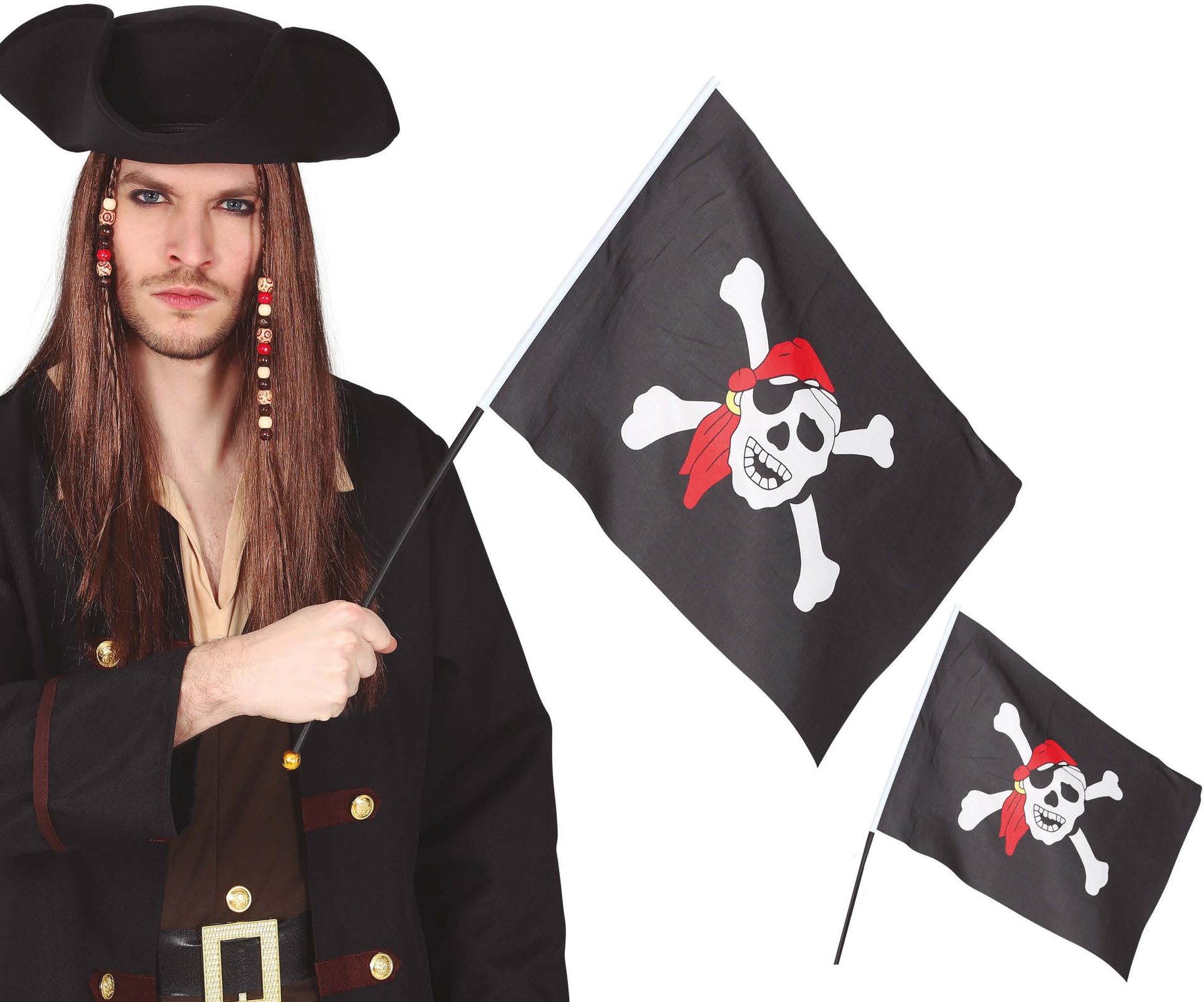 Feestelijke Piratenvlag met Stok Zwart 45X30cm