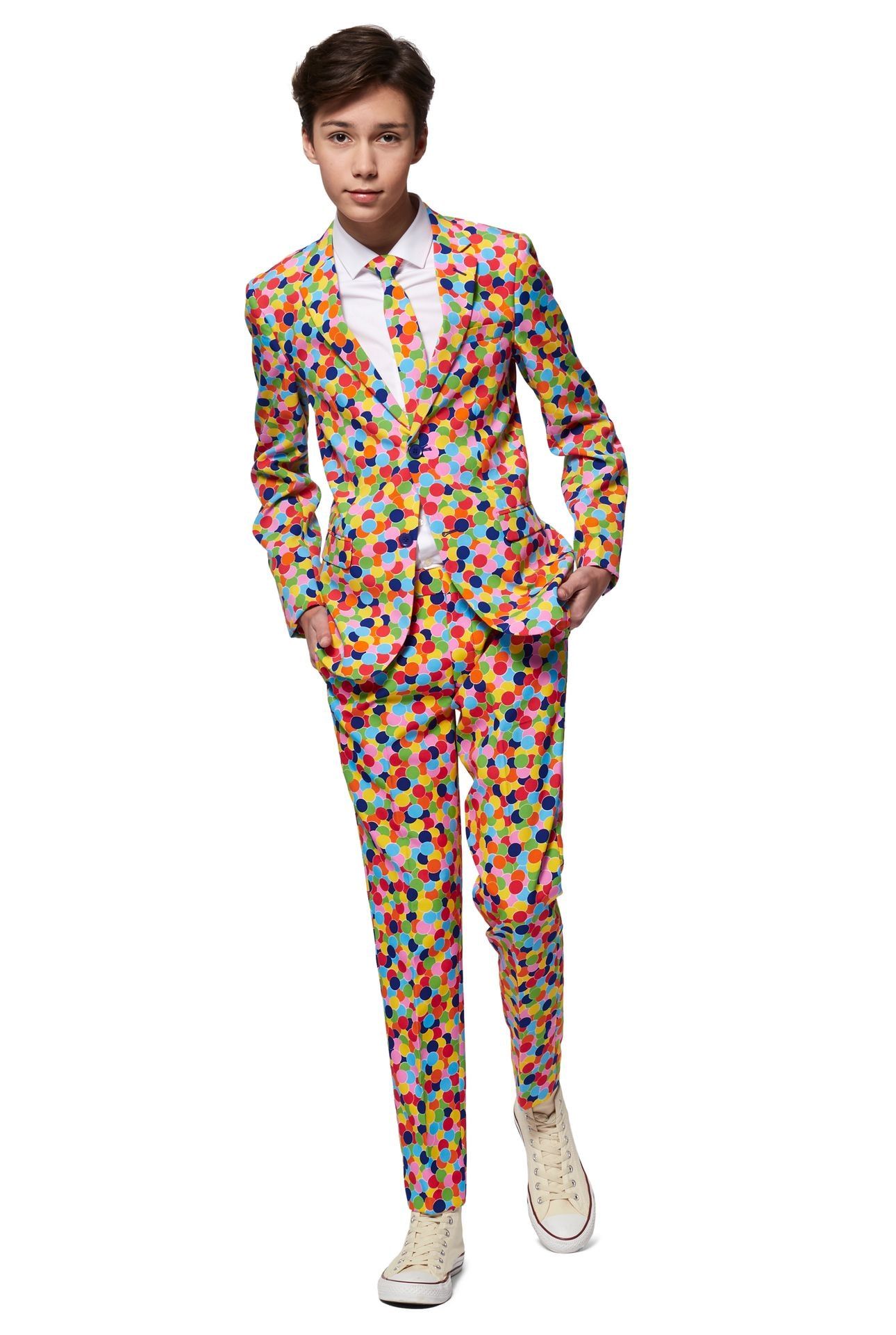 Gekleurde confetti Opposuits kostuum tieners