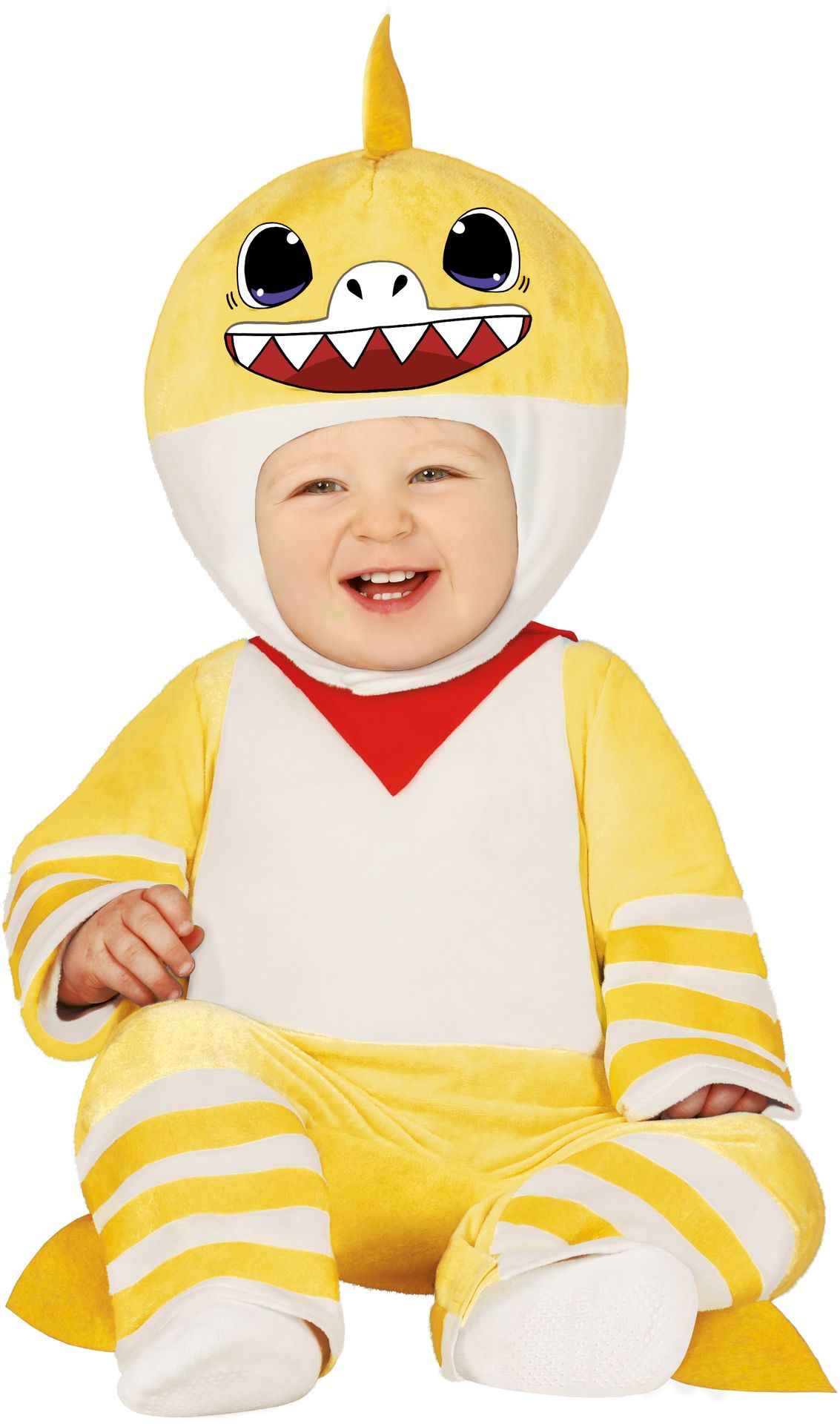 Gele baby shark kostuum baby