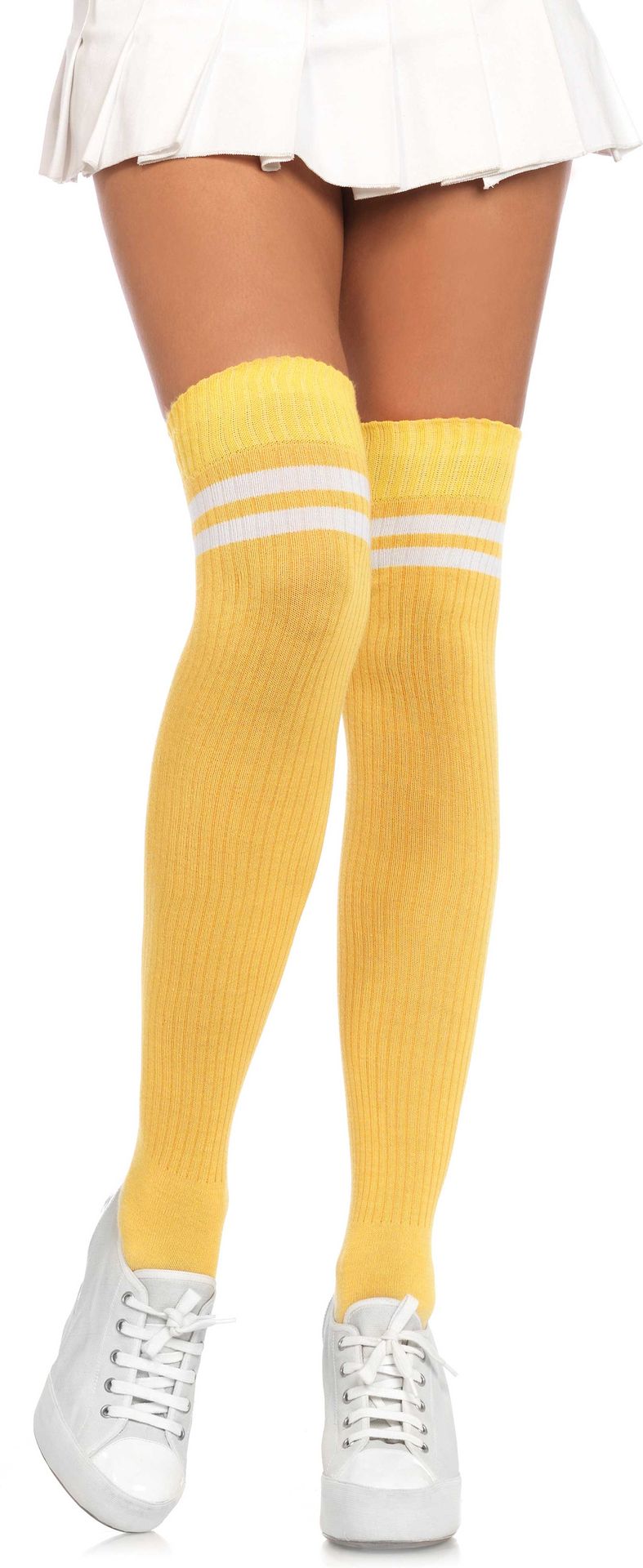Gele Geribbelde Kousen met Witte Strepen