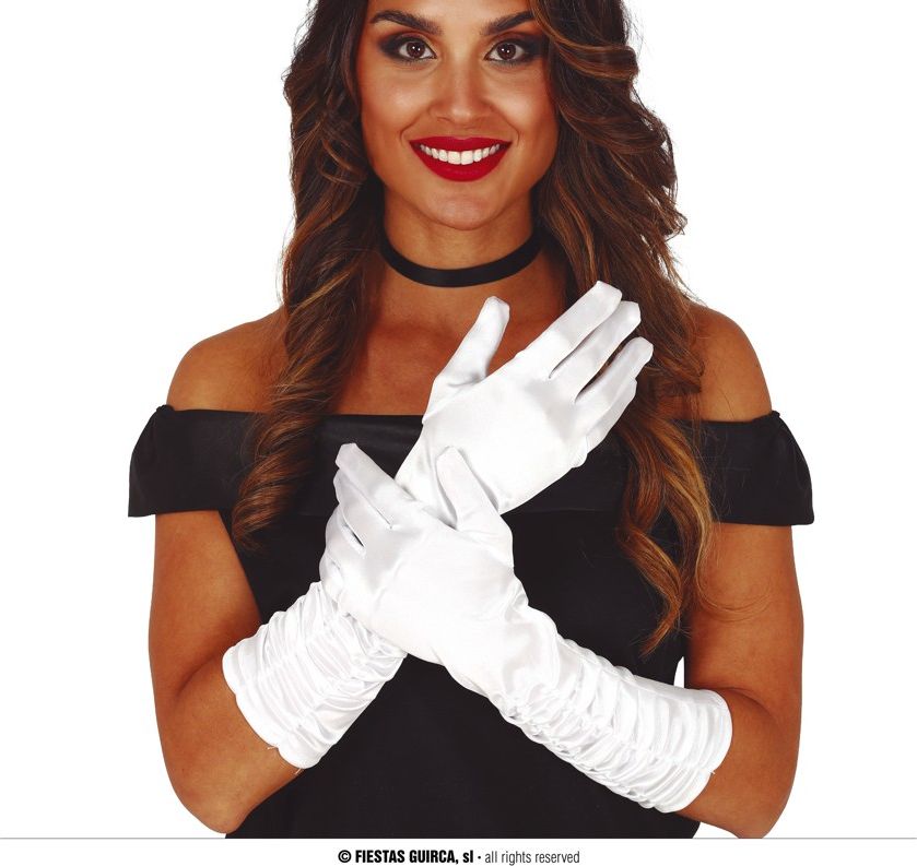 Geplooide Satijnlook Handschoenen Wit