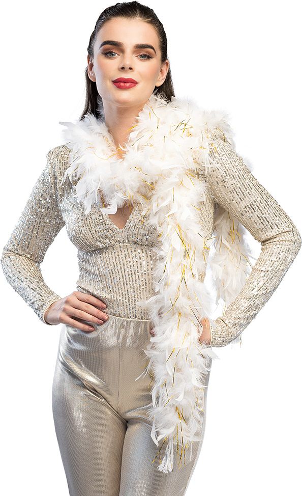 Glamour Witte Veren Boa met Goud