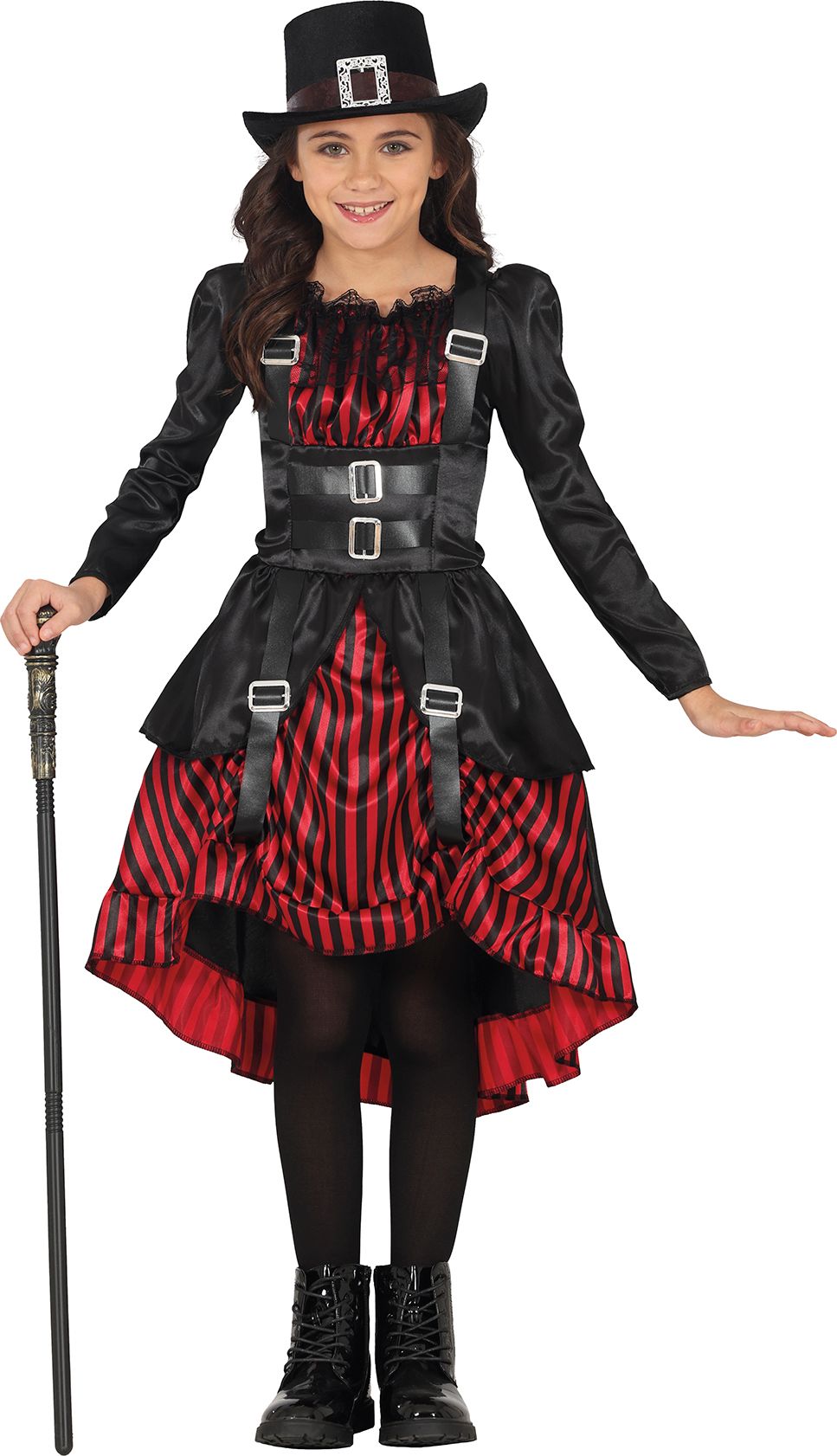 Gothic Girl Steampunk Kostuum Kind Zwart Rood