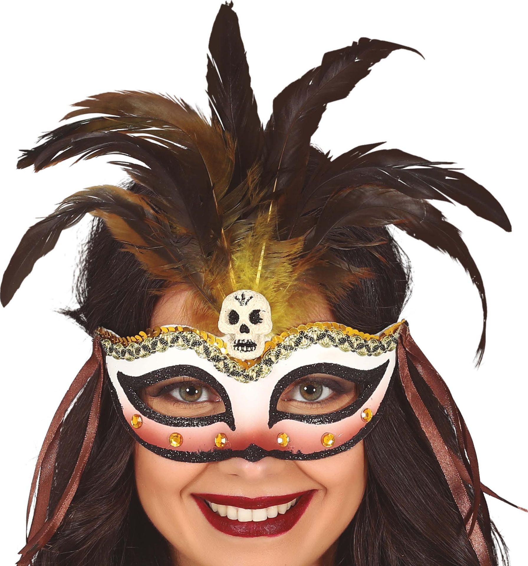 Goud Zwart Voodoo Masker met Veren