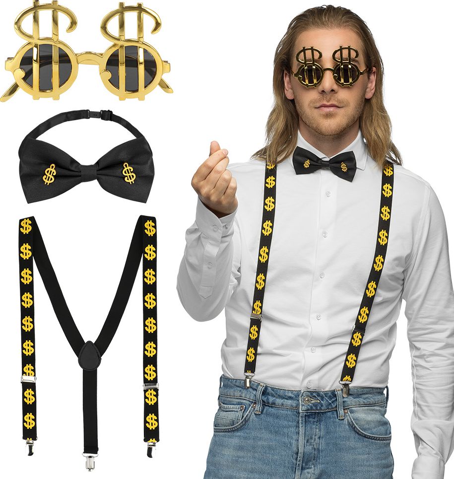 Gouden Dollar Feestset Bril Strikje Bretels