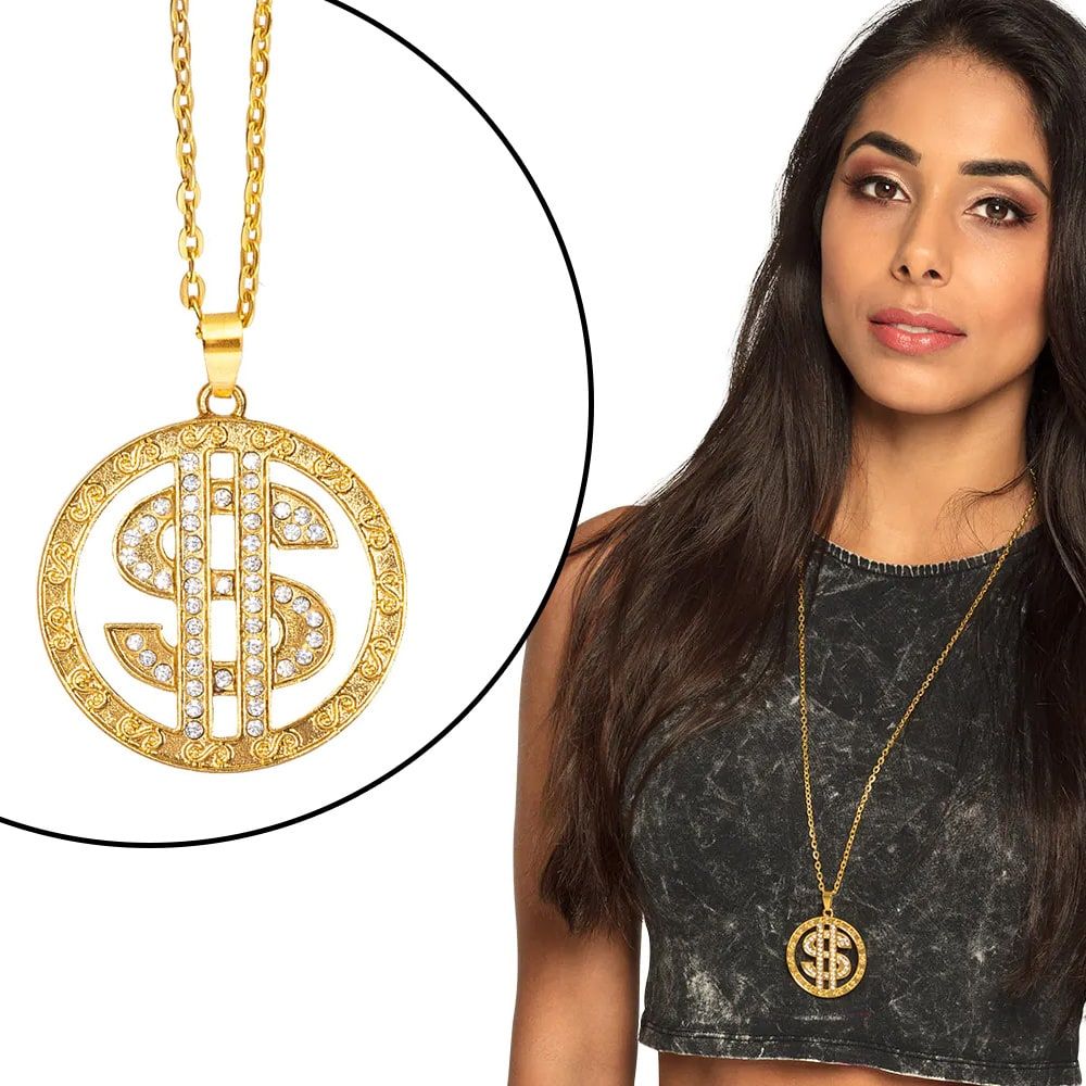 Gouden Dollar Teken Ketting met Diamanten
