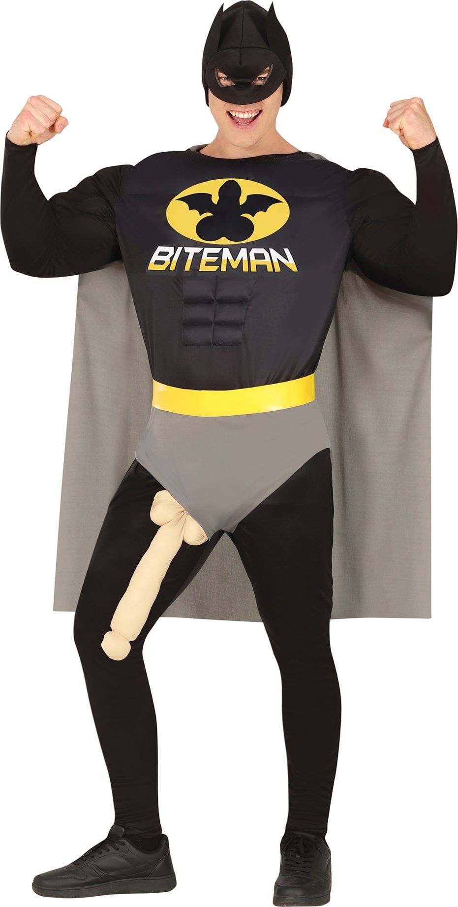 Grappig Biteman Superhelden Kostuum met Penis Zwart Geel Heren